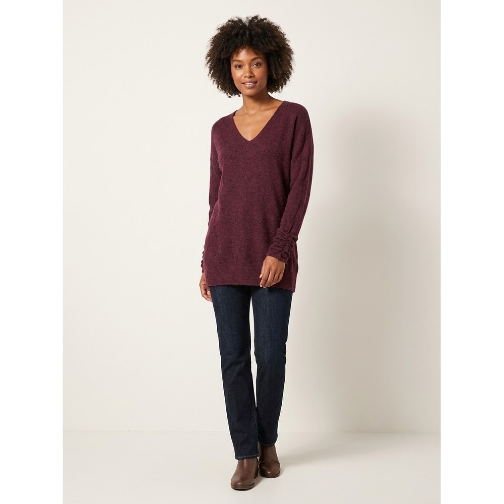 White House Black Market Burgundy V-Neck Tunic Pullover Ruched Sleeve Sweater M
